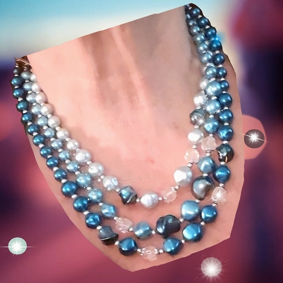 Gradient Shades of Blue Lustrous Pearlessence Beads Multi-strand Necklace - Picture 8 of 11